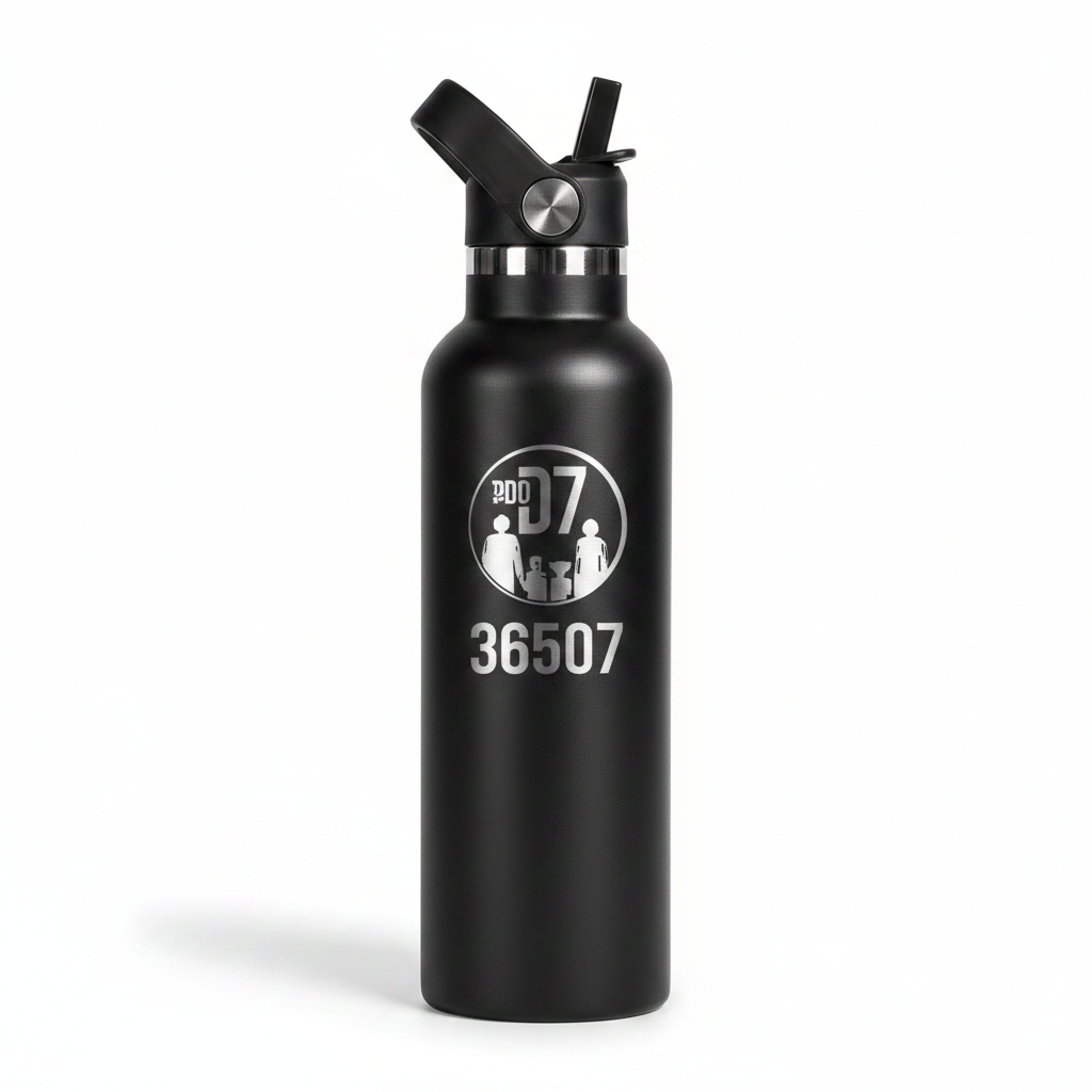 Stainless steel insulated wide-mouthed hydration bottle by ARMPOWER IN MY HANDS, perfect for keeping drinks hot or cold.