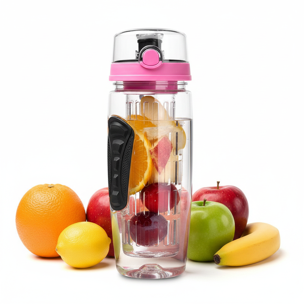 ARMPOWER IN MY HANDS 32oz BPA-free plastic fruit infusing water bottle with infuser, perfect for fruit-flavored hydration and fitness.