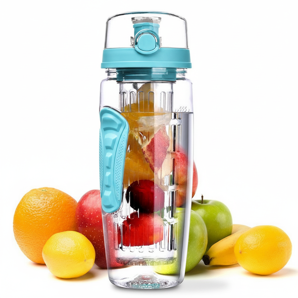 ARMPOWER IN MY HANDS 32oz fruit infuser water bottle with BPA-free plastic, infuser chamber, and sport-style design for hydration.