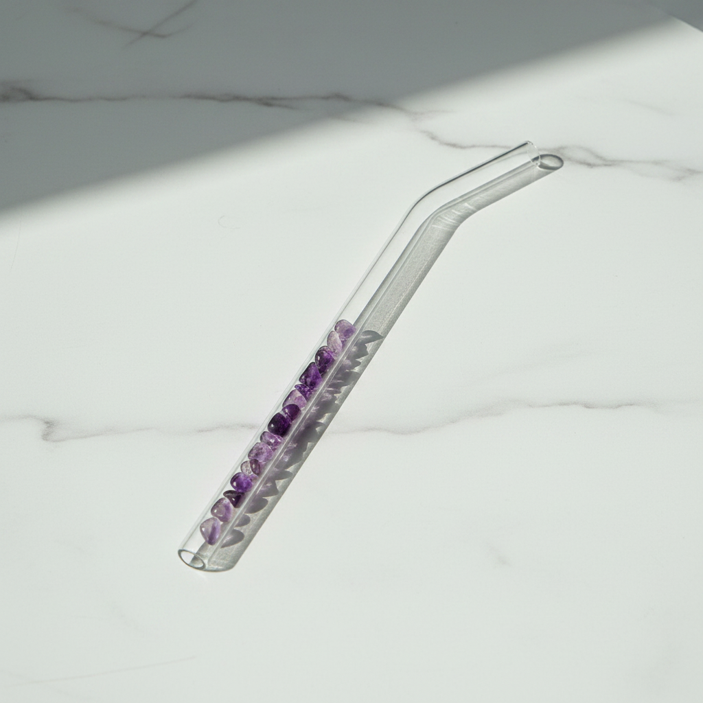 Amethyst crystal glass reusable straw from AuraSip by ARMPOWER IN MY HANDS, showcasing a purple, polished, and elegant drinking straw.