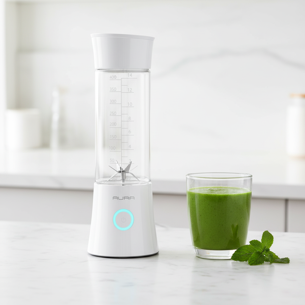 ARMPOWER Aura portable blender with sleek design, glowing light, and transparent blending jar, perfect for smoothies on the go.