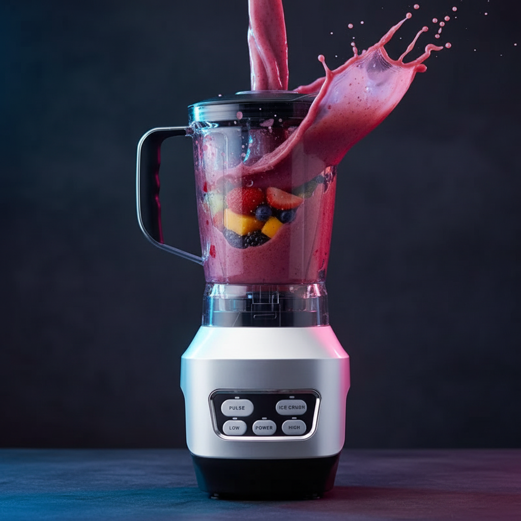 AuraBlend Pro countertop blender by ARMPOWER IN MY HANDS with dark finish and 60oz BPA-free cups, ready for blending on a kitchen counter.