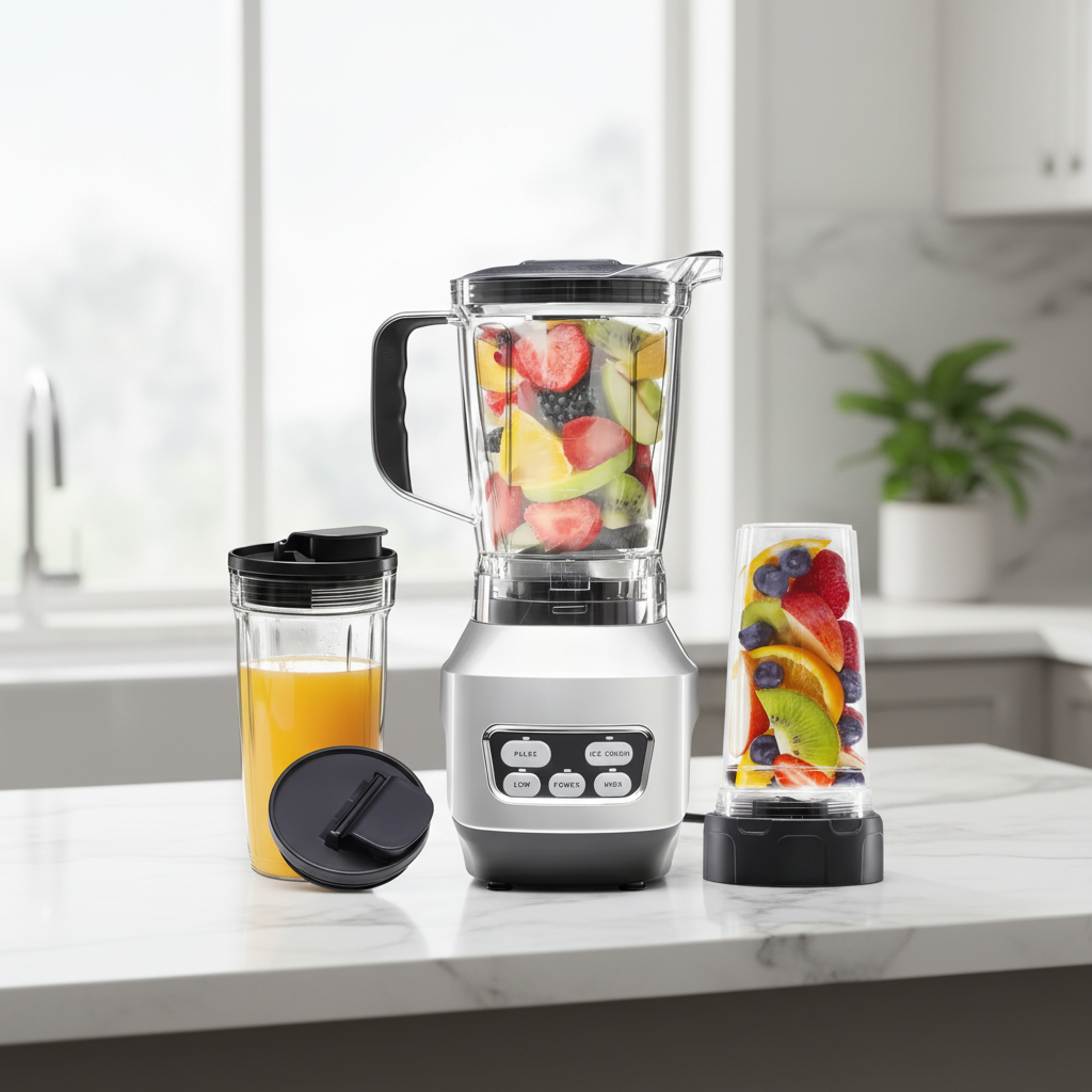 AuraBlend Pro countertop blender by ARMPOWER IN MY HANDS with BPA-free 60oz cups, showcasing its sleek design and blending features.