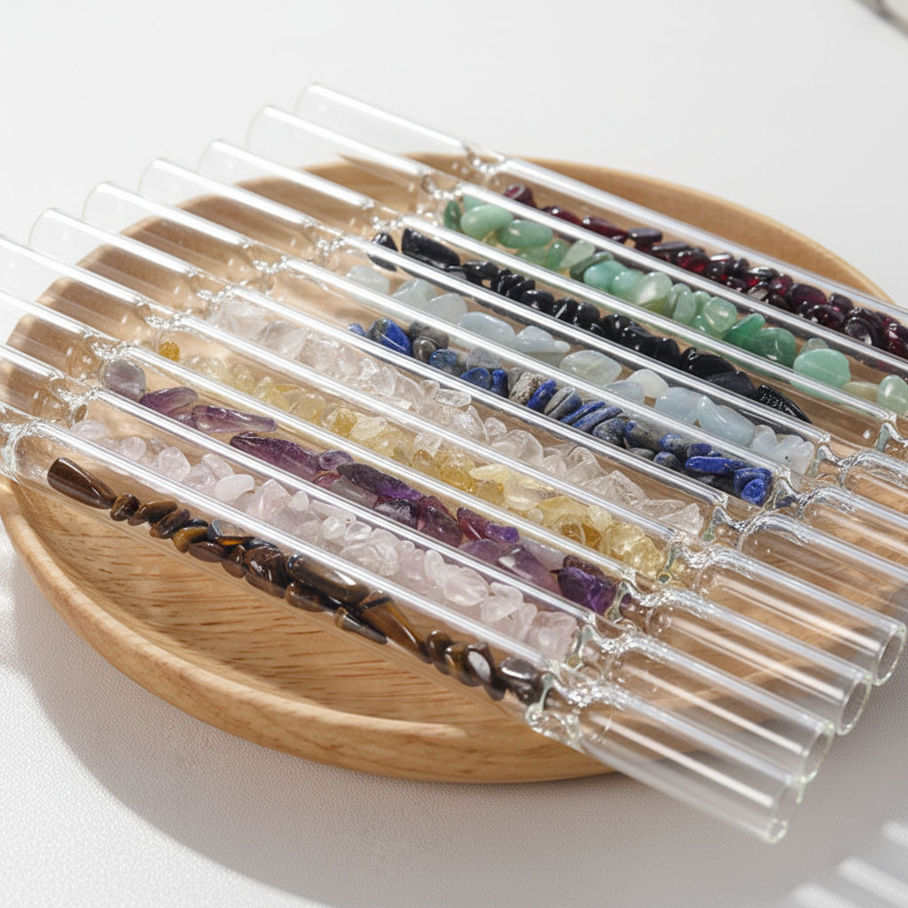 AuraSip reusable crystal glass straws in multiple colors, eco-friendly drinking straws by ARMPOWER IN MY HANDS.