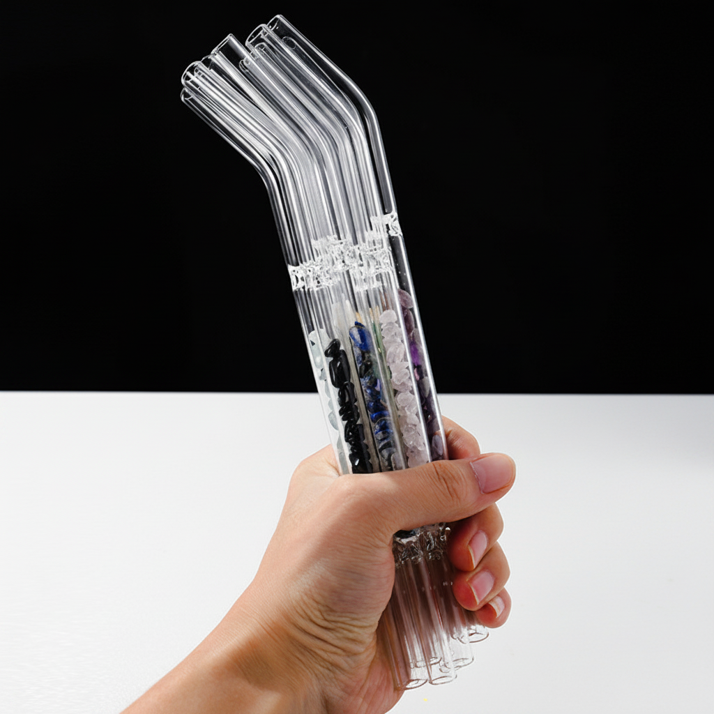 Reusable AuraSip crystal glass straws by ARMPOWER IN MY HANDS held in a person's hand, showcasing elegant, clear drinking straws.