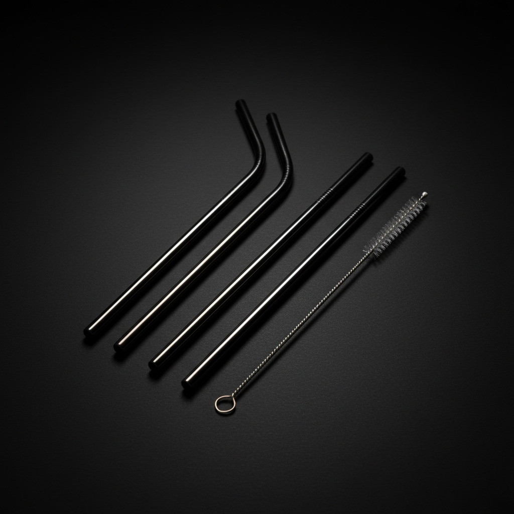 Black stainless steel reusable straws from LuxeSip by ARMPOWER IN MY HANDS, with a sleek, durable design for eco-friendly sipping.