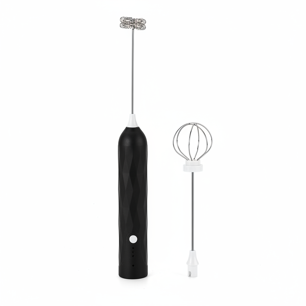 ARMPOWER IN MY HANDS CloudFoam Pro portable black handheld electric milk frother for creamy drinks and beverages.