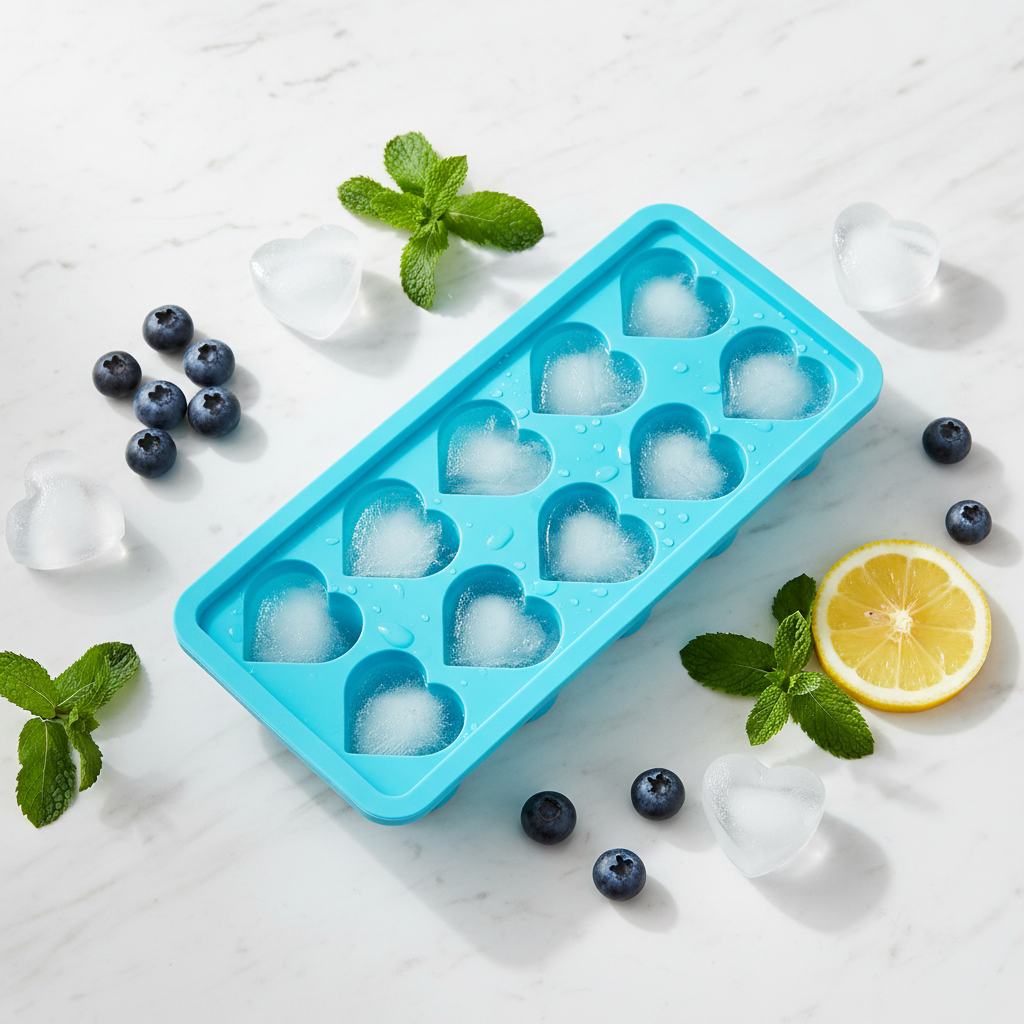 Blue silicone heart-shaped ice mold from ARMPOWER IN MY HANDS, shown flat on a marble surface.