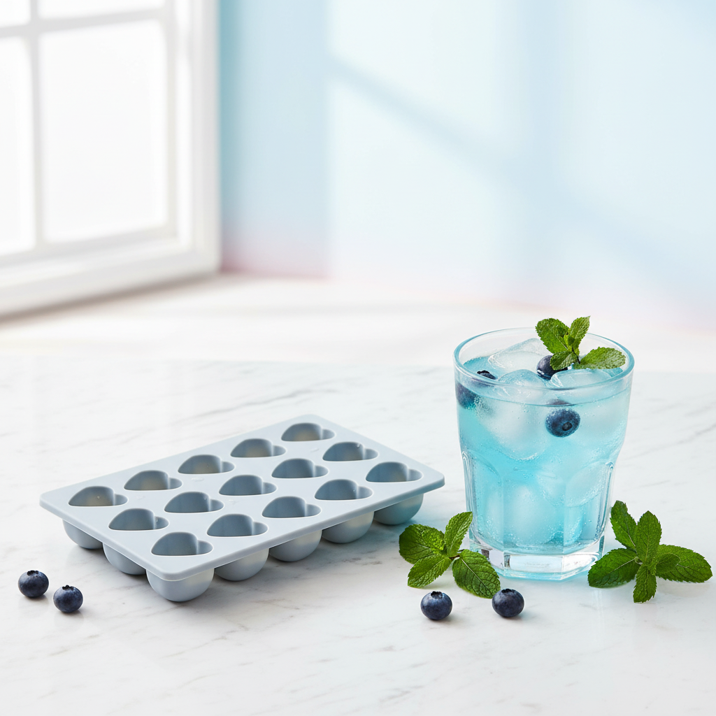 Blue silicone heart-shaped ice mold by ARMPOWER IN MY HANDS, perfect for creative cocktails and chilled beverages.