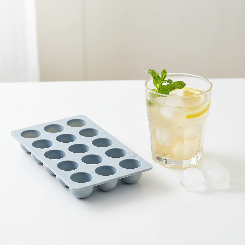 Blue round silicone ice mold by ARMPOWER IN MY HANDS for creating large cocktail ice cubes in a premium PolarCube ice tray.