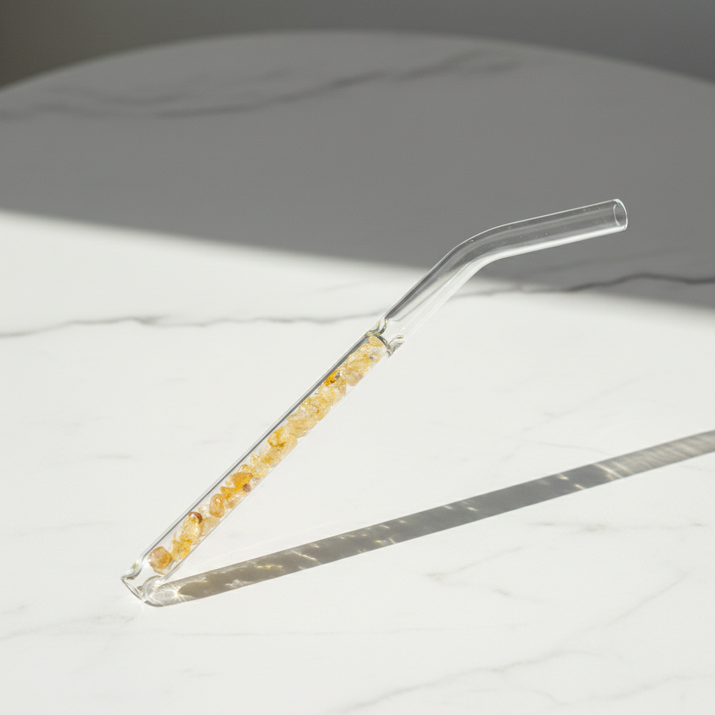 Citrine crystal glass reusable straw from AuraSip by ARMPOWER IN MY HANDS, clear and elegant for eco-friendly drinking.