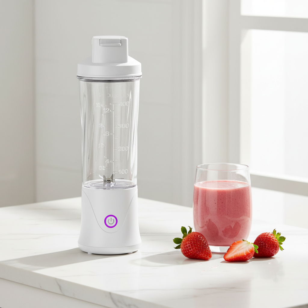White ARMPOWER IN MY HANDS DailyBlend compact multi-functional household blender on a kitchen countertop.