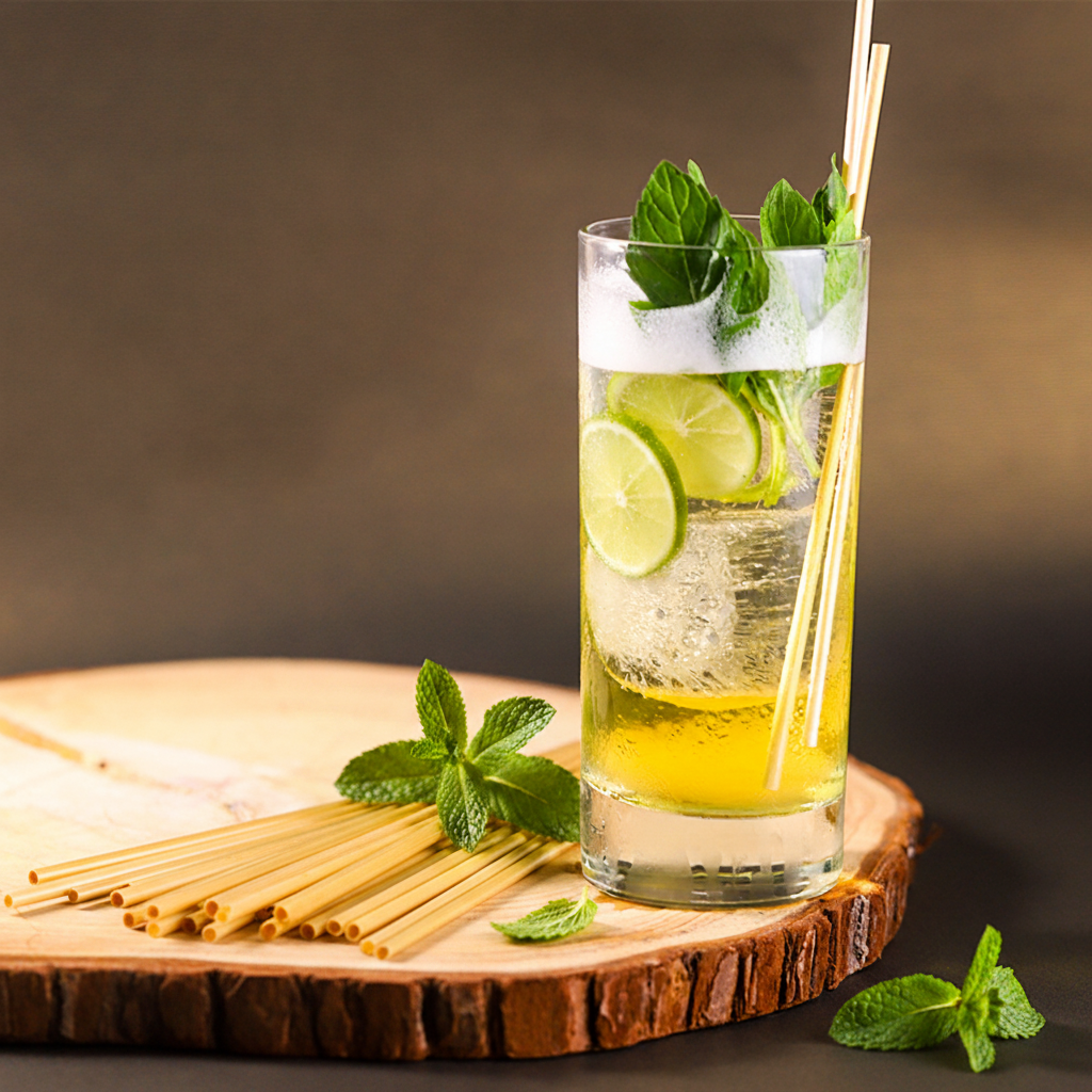 EcoHarvest reusable wheat drinking straws in a natural setting, showing eco-friendly, biodegradable design for sustainable beverage use.