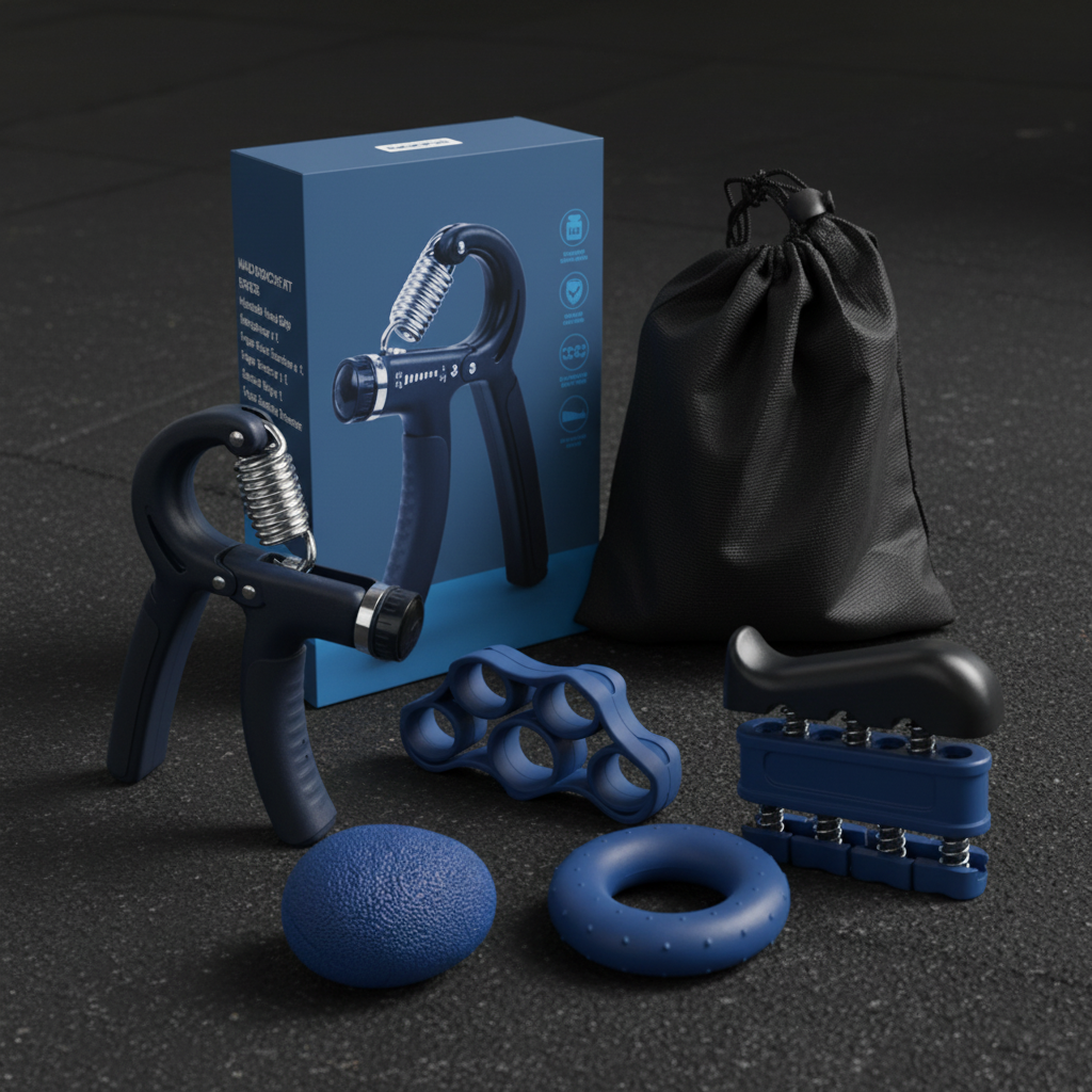 Blue ARMPOWER IN MY HANDS FlexGrip silicone hand strengthener and therapy set for improving grip strength and hand exercises.