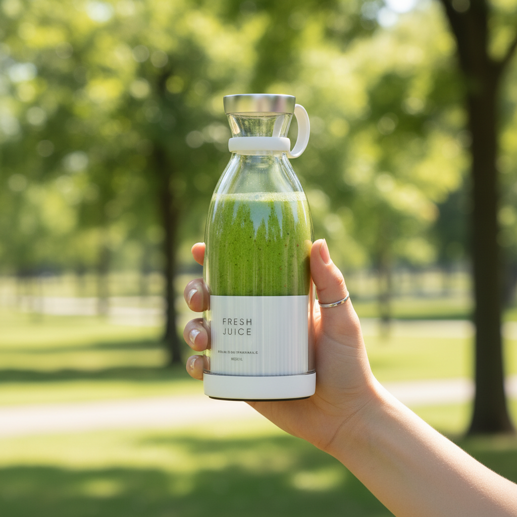 ARMPOWER IN MY HANDS FreshBlend Go portable 350ml USB rechargeable blender with a sleek design and blending jar in outdoor setting.