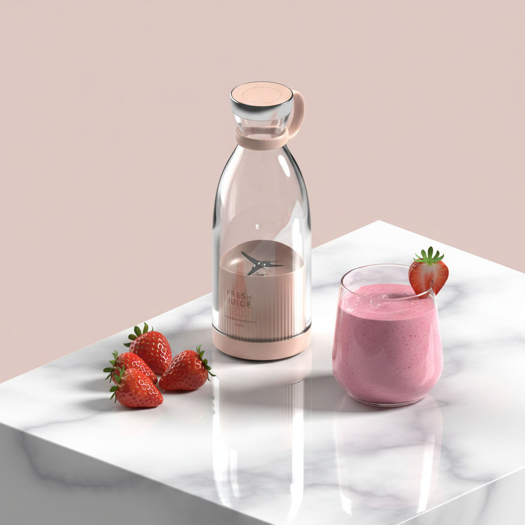 ARMPOWER IN MY HANDS FreshBlend Go portable 350ml USB rechargeable blender with sleek design and blending jar in hand.