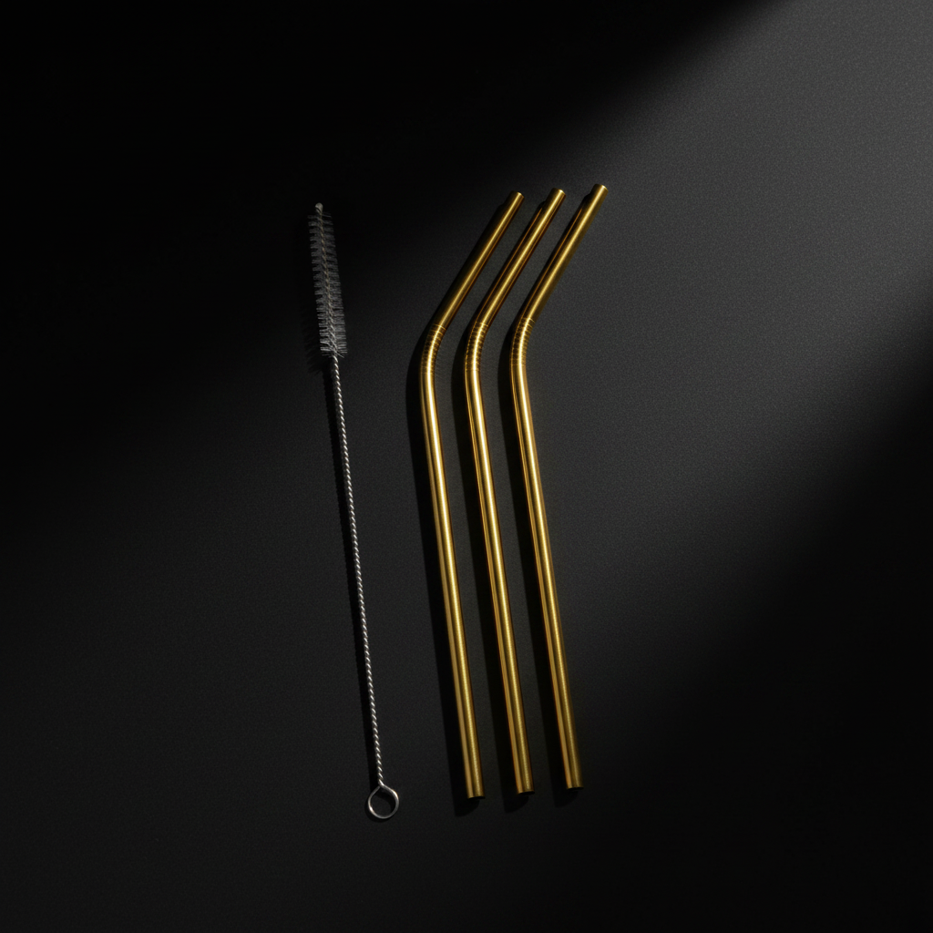 Gold bent stainless steel reusable straws by ARMPOWER IN MY HANDS, colorful and sleek for eco-friendly sipping.