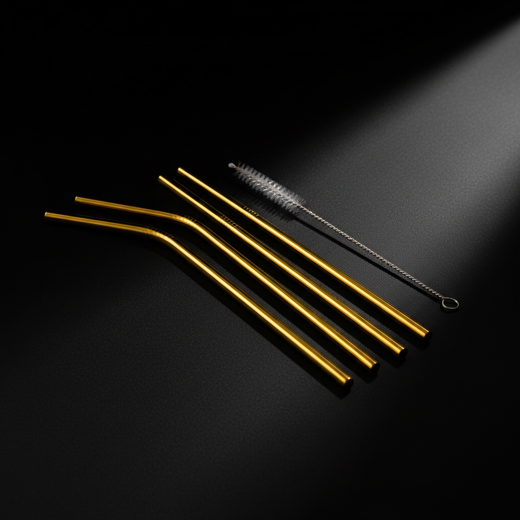 Gold stainless steel reusable straw by ARMPOWER IN MY HANDS, colorful and sleek for eco-friendly sipping.