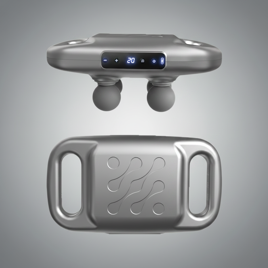 ARMPOWER IN MY HANDS Elite 4-Head Professional Massage Gun in gray, showcasing ergonomic design and multiple massage heads.