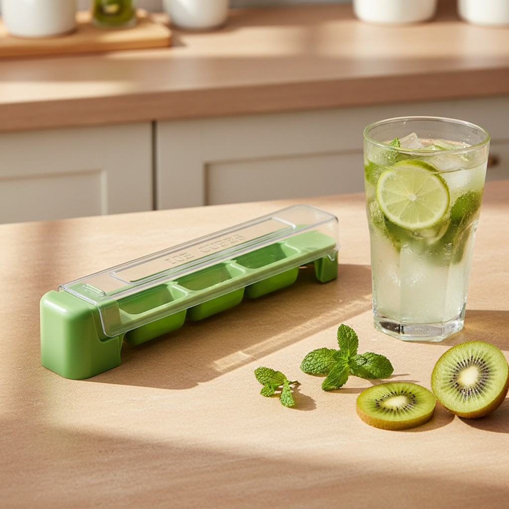 Green mojito with ice cubes made from ARMPOWER IN MY HANDS premium silicone ice mold in a vibrant, lively setting