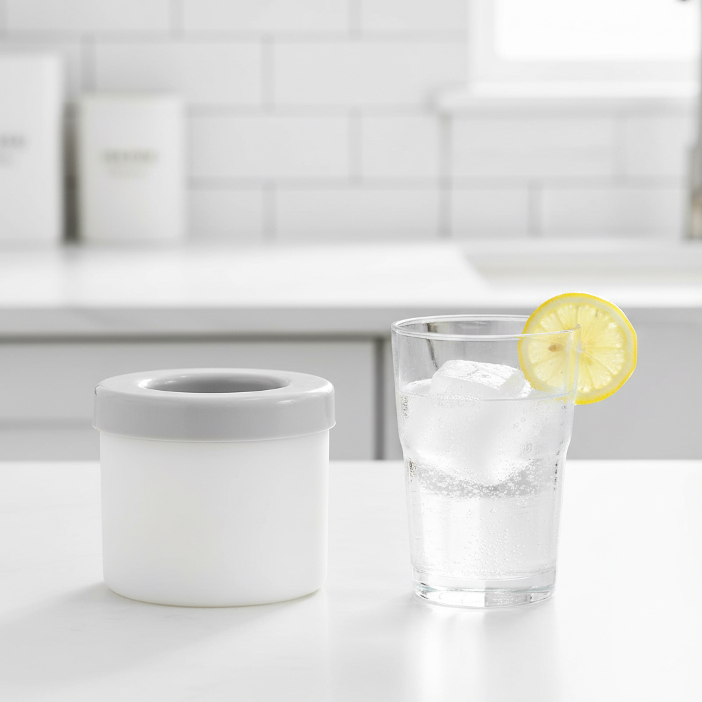 Gray sparkling water in a FrostCylinder premium silicone ice cup and mold maker by ARMPOWER IN MY HANDS.