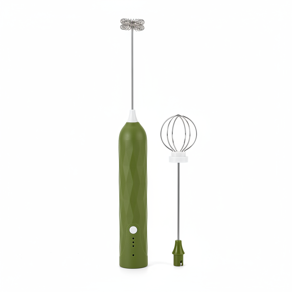 ARMPOWER IN MY HANDS CloudFoam Pro portable electric milk frother in khaki, handheld device for creamy coffee drinks.
