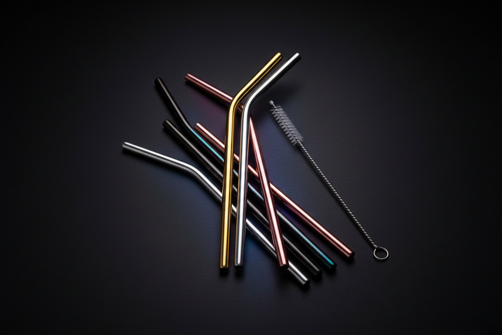 Colorful stainless steel reusable straws from LuxeSip by ARMPower in My Hands, shown in vibrant array on a white background.
