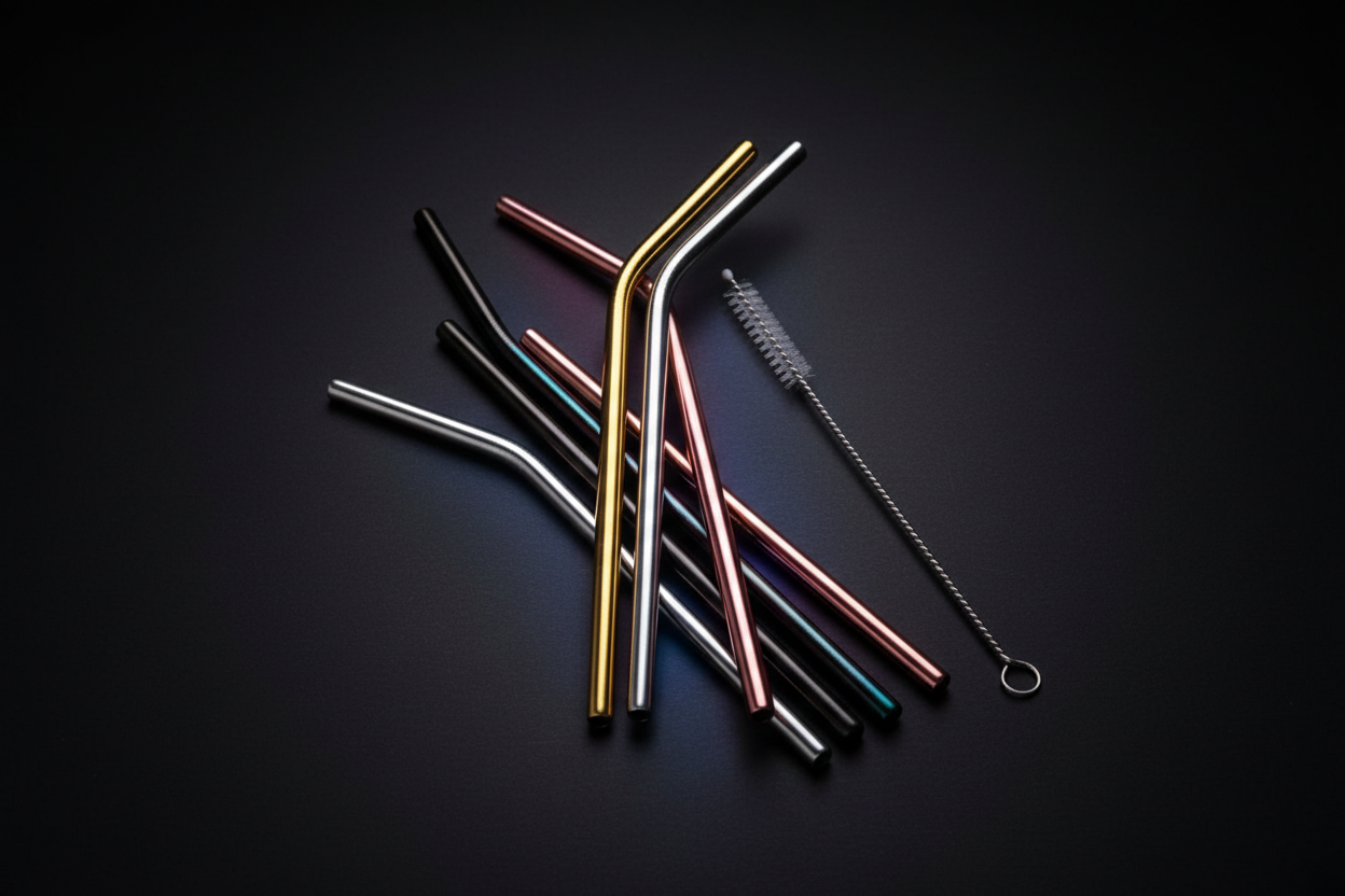Colorful stainless steel reusable straws from LuxeSip by ARMPower in My Hands, shown in vibrant array on a white background.