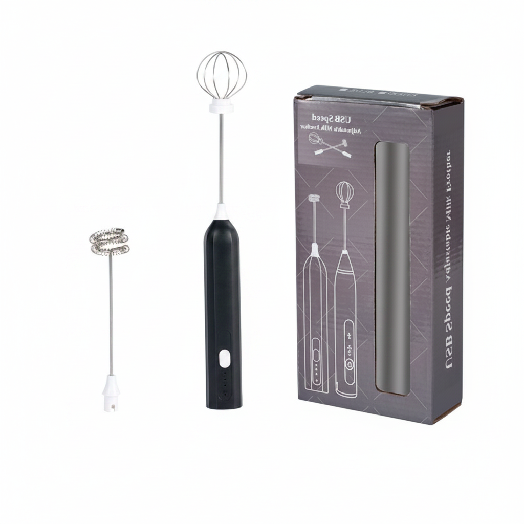 Black NovaBlend 2-in-1 rechargeable milk frother and hand whisk by ARMPOWER IN MY HANDS, showing its compact design and frothing tip.