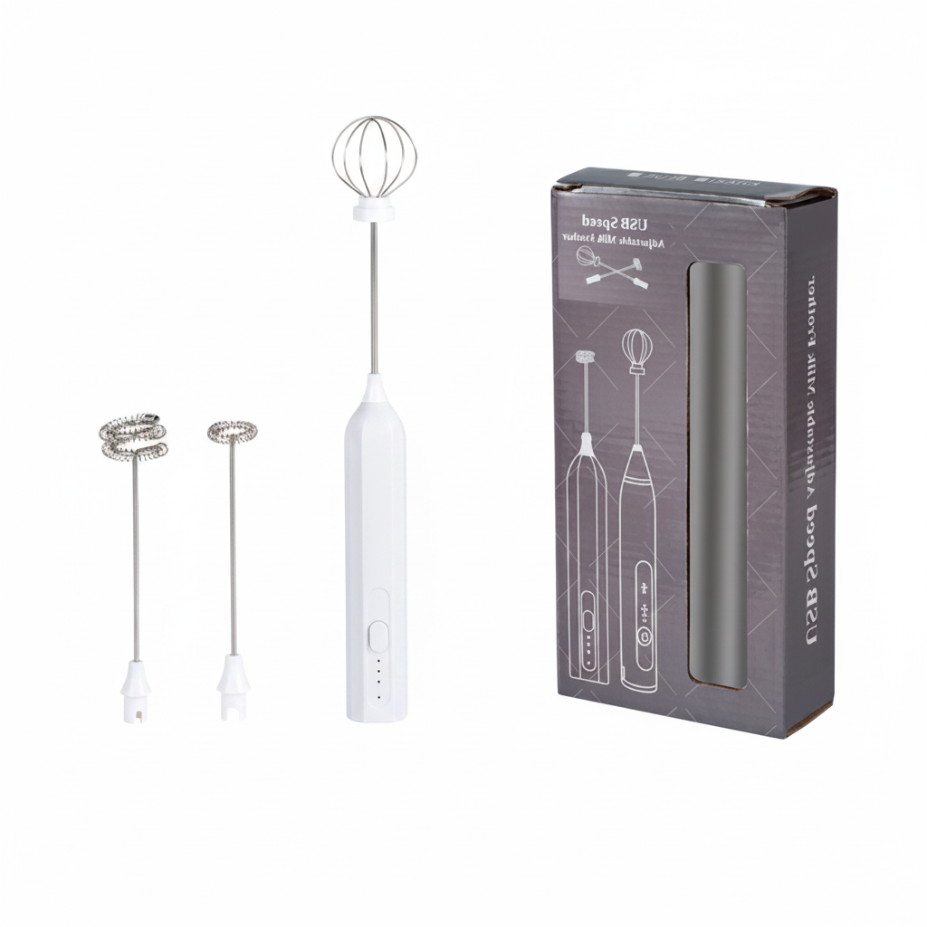 White NovaBlend 2-in-1 rechargeable milk frother and hand whisk by ARMPOWER IN MY HANDS, shown in a close-up image.