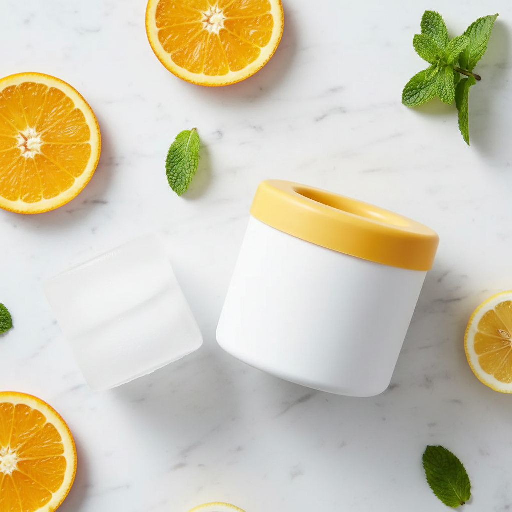 Orange silicone ice mold in marble pattern, designed for making ice cups and shapes by ARMPOWER IN MY HANDS.