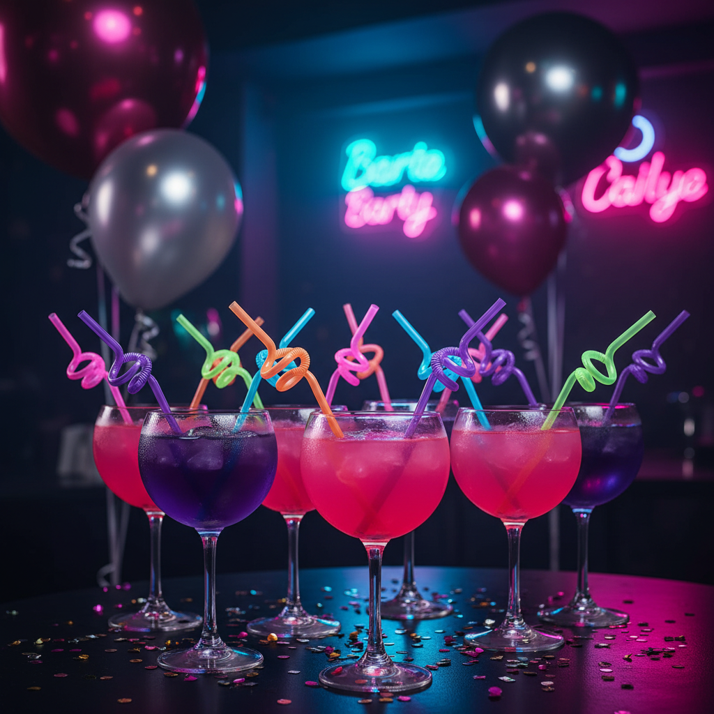 Six reusable PartyPop bachelorette party straws by ARMPOWER IN MY HANDS, colorful and eco-friendly for celebration drinks.