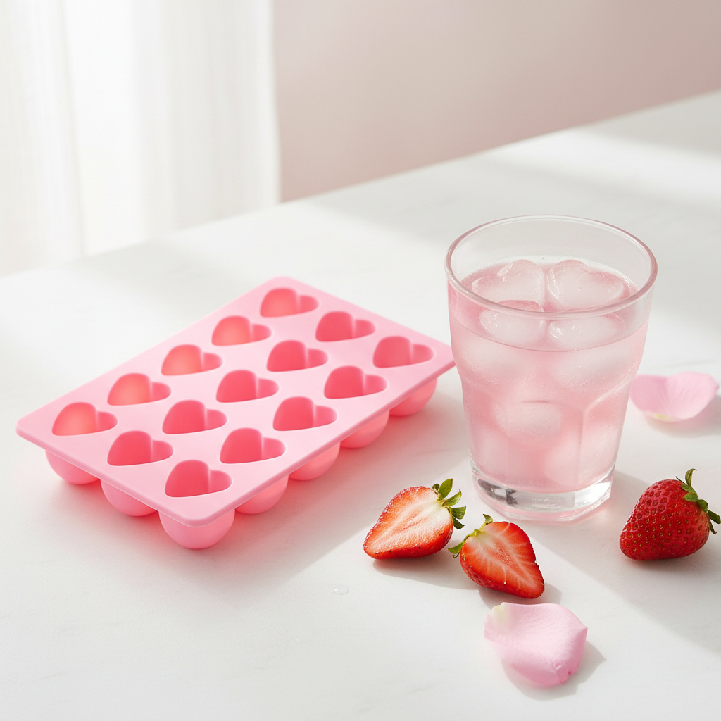 Pink heart-shaped silicone ice mold from ARMPOWER IN MY HANDS, perfect for making decorative ice cubes.