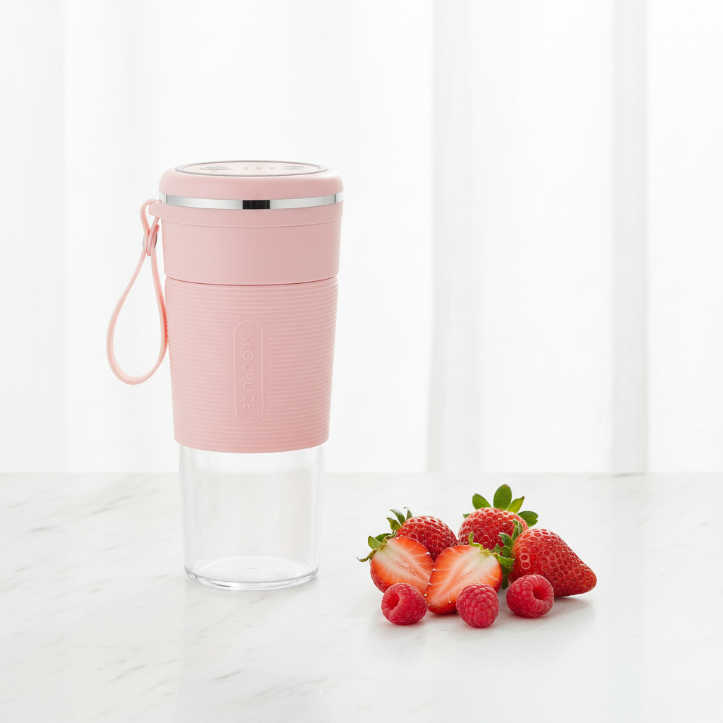 Pink ARMPOWER IN MY HANDS ArmPower Pro portable shake blender with a sleek compact design and blending blades visible inside.