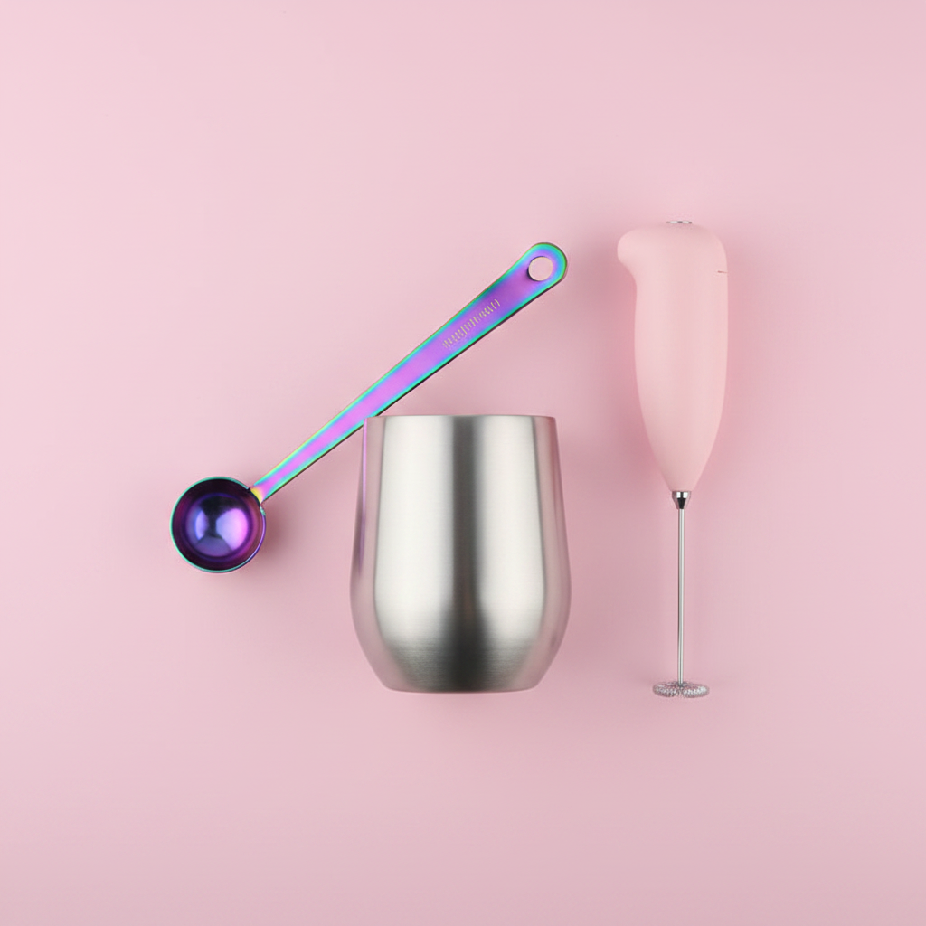 ARMPOWER IN MY HANDS CloudFoam Pro pink handheld electric milk frother for cappuccinos and lattes, portable and easy to use.