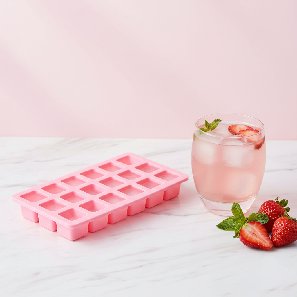 Pink silicone ice tray and mold by ARMPOWER IN MY HANDS for creating ice cubes for cocktails and beverages.