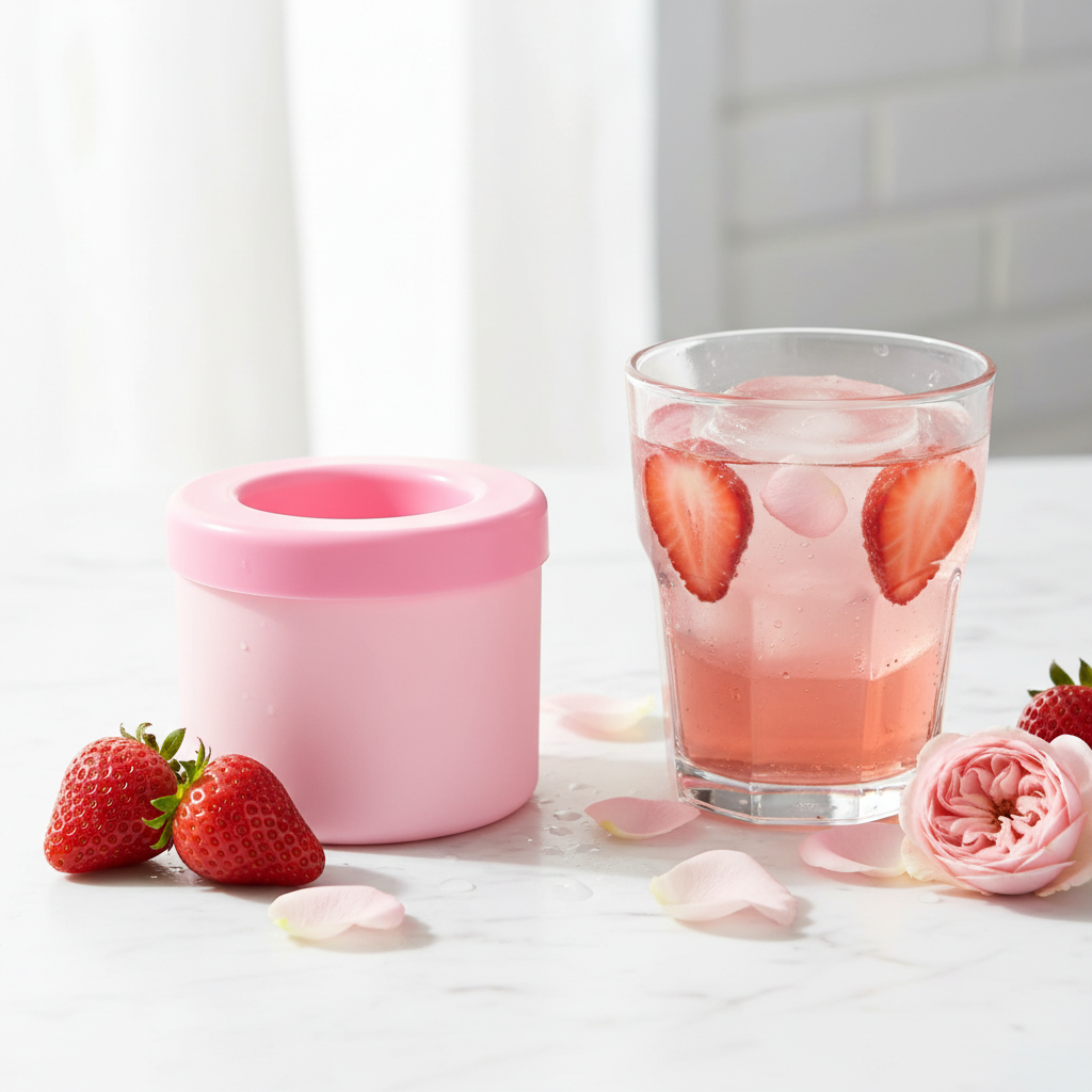 Pink strawberry lemonade ice cube from ARMPOWER IN MY HANDS silicone ice mold, perfect for chilled drinks and cocktails.