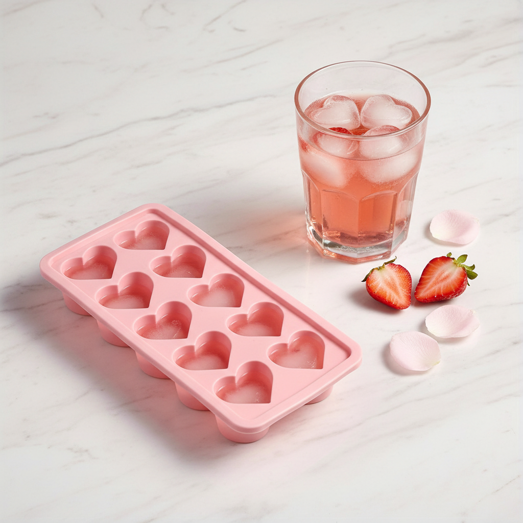Pink strawberry lemonade-shaped silicone ice mold from ARMPOWER IN MY HANDS for making heart-shaped ice cubes.