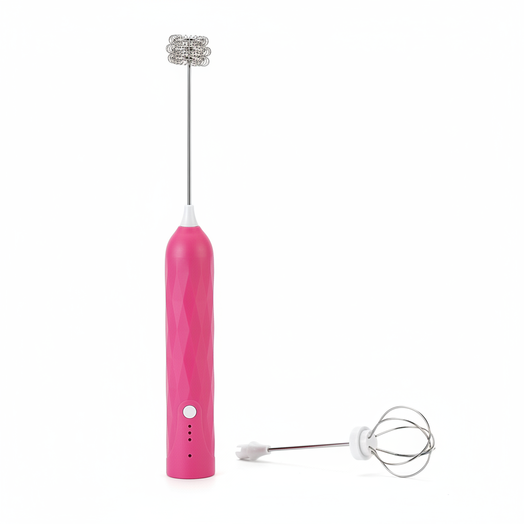 Pink ARMPOWER IN MY HANDS CloudFoam Pro portable electric milk frother handheld drink mixer on a white background.