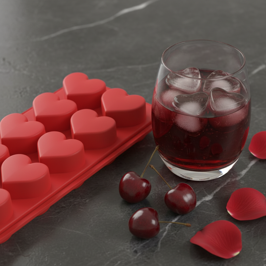 Red LoveCube Pro heart-shaped silicone ice tray by ARMPOWER IN MY HANDS with filled ice cubes for drinks.