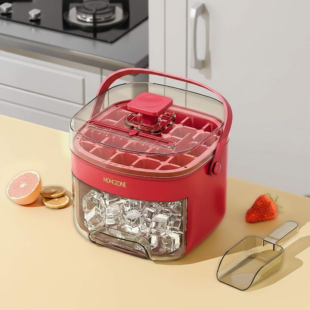 Red ARMPOWER IN MY HANDS FrostMax large capacity ice mold with a single-layer design for making ice cubes.