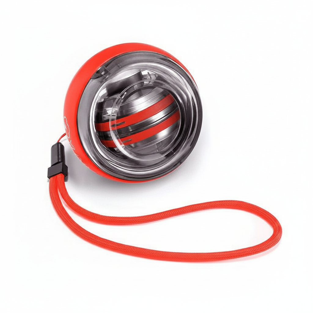 Red ARMPOWER Centrifugal Metal Powerball grip strengthener with carrying pouch for wrist decompression and hand exercise.