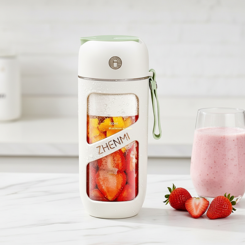 White ARMPOWER IN MY HANDS RoamBlend Pro portable electric travel blender with sleek compact design for smoothies on the go.