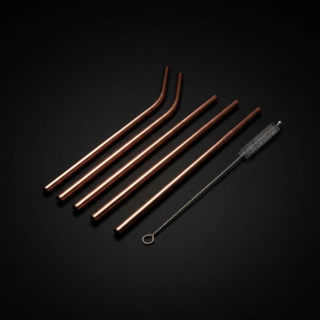 Rose gold reusable stainless steel straws from ARMPOWER IN MY HANDS, vibrant and sleek for eco-friendly sipping.