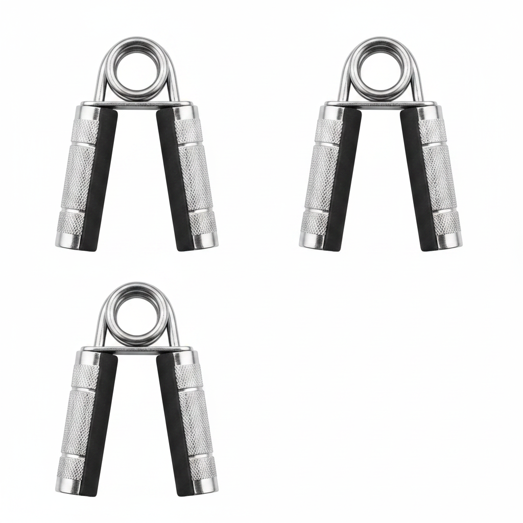 Set of three IronGrip Pro adjustable aluminum hand grippers by ARMPOWER IN MY HANDS for strength training and grip exercises.