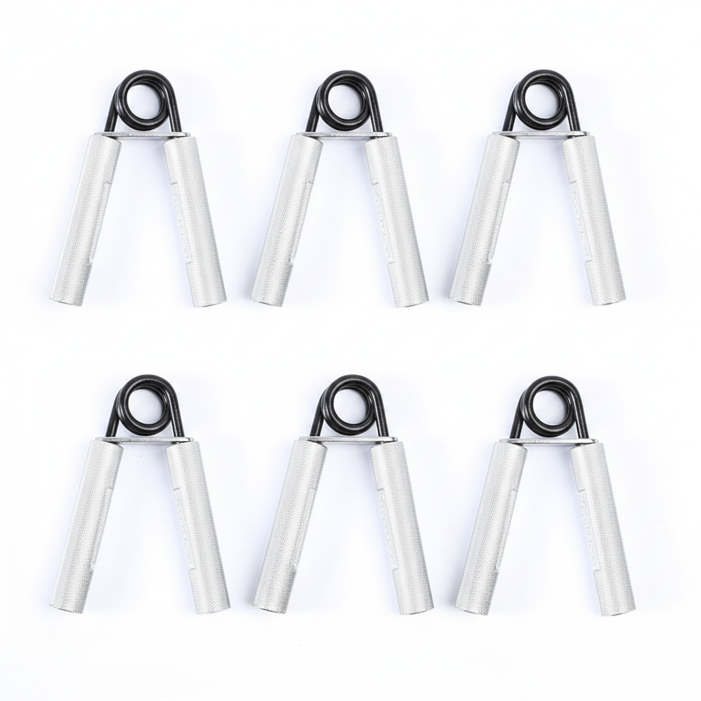 Set of four adjustable IronGrip Pro aluminum hand grippers by ARMPOWER IN MY HANDS for strength training and grip exercises.