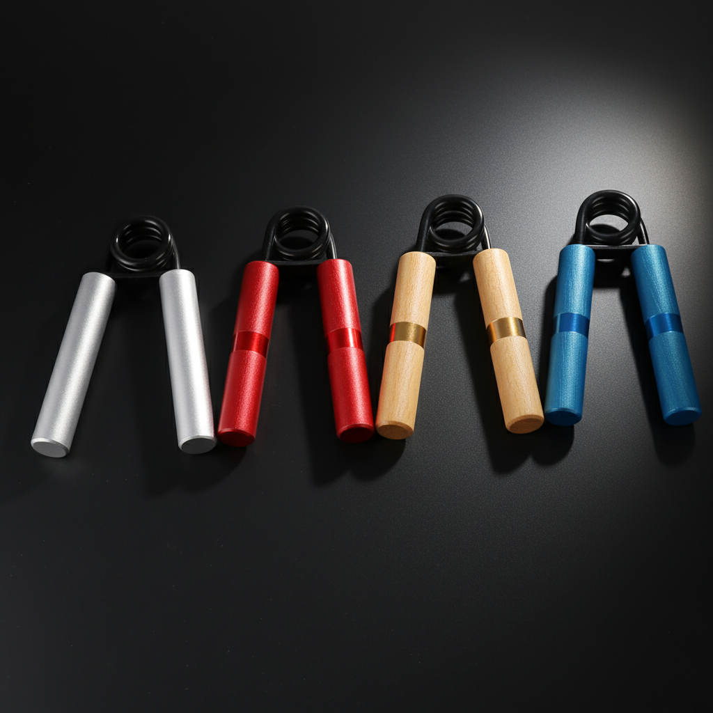 Set of five ARMPOWER IN MY HANDS IronGrip Pro adjustable aluminum heavy-duty hand grippers for grip strength training.