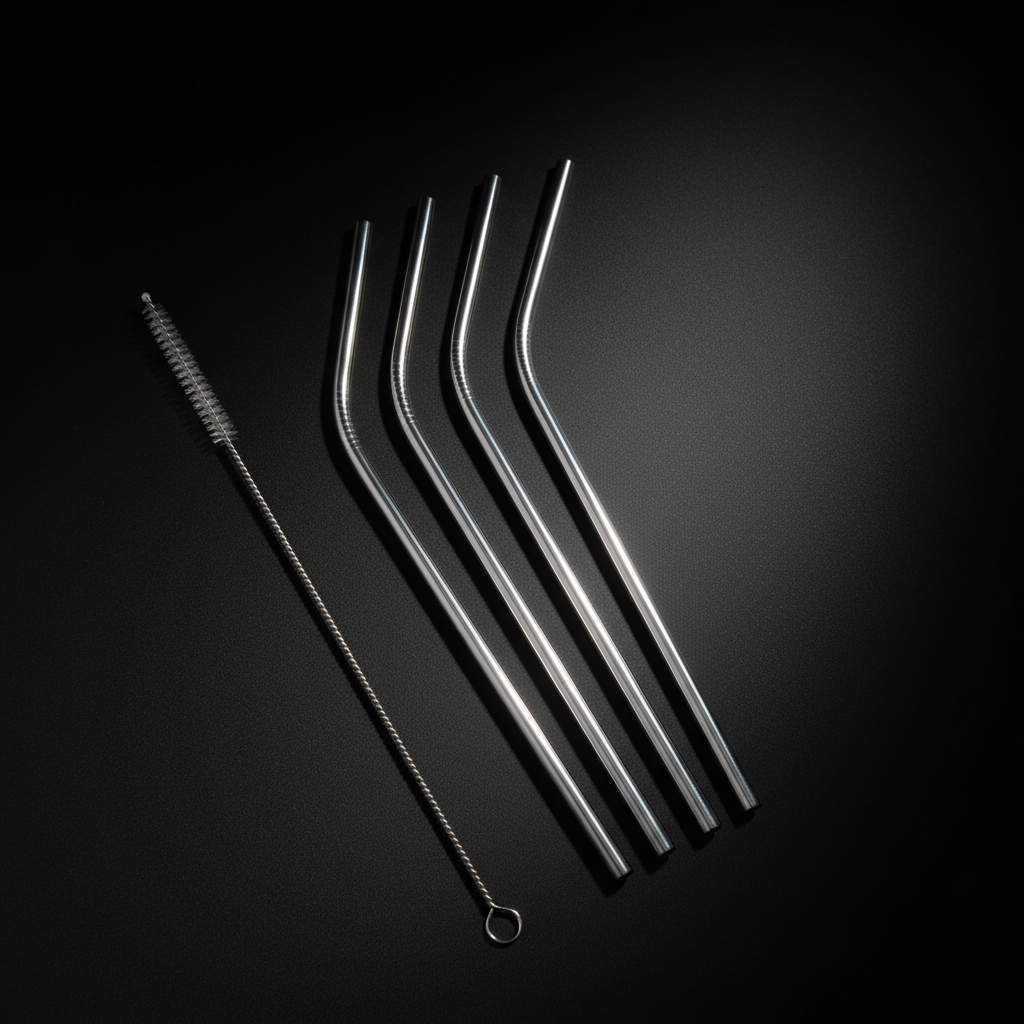 Silver reusable stainless steel bent straws by ARMPOWER IN MY HANDS, colorful and eco-friendly for sustainable drinking.