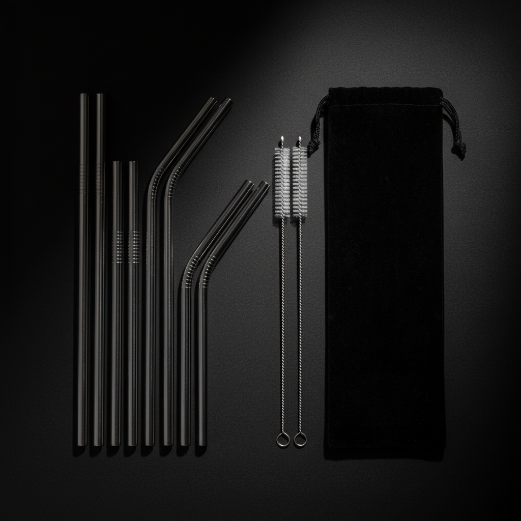 Set of silver reusable stainless steel straws by ARMPOWER IN MY HANDS with a portable pouch for eco-friendly sipping.