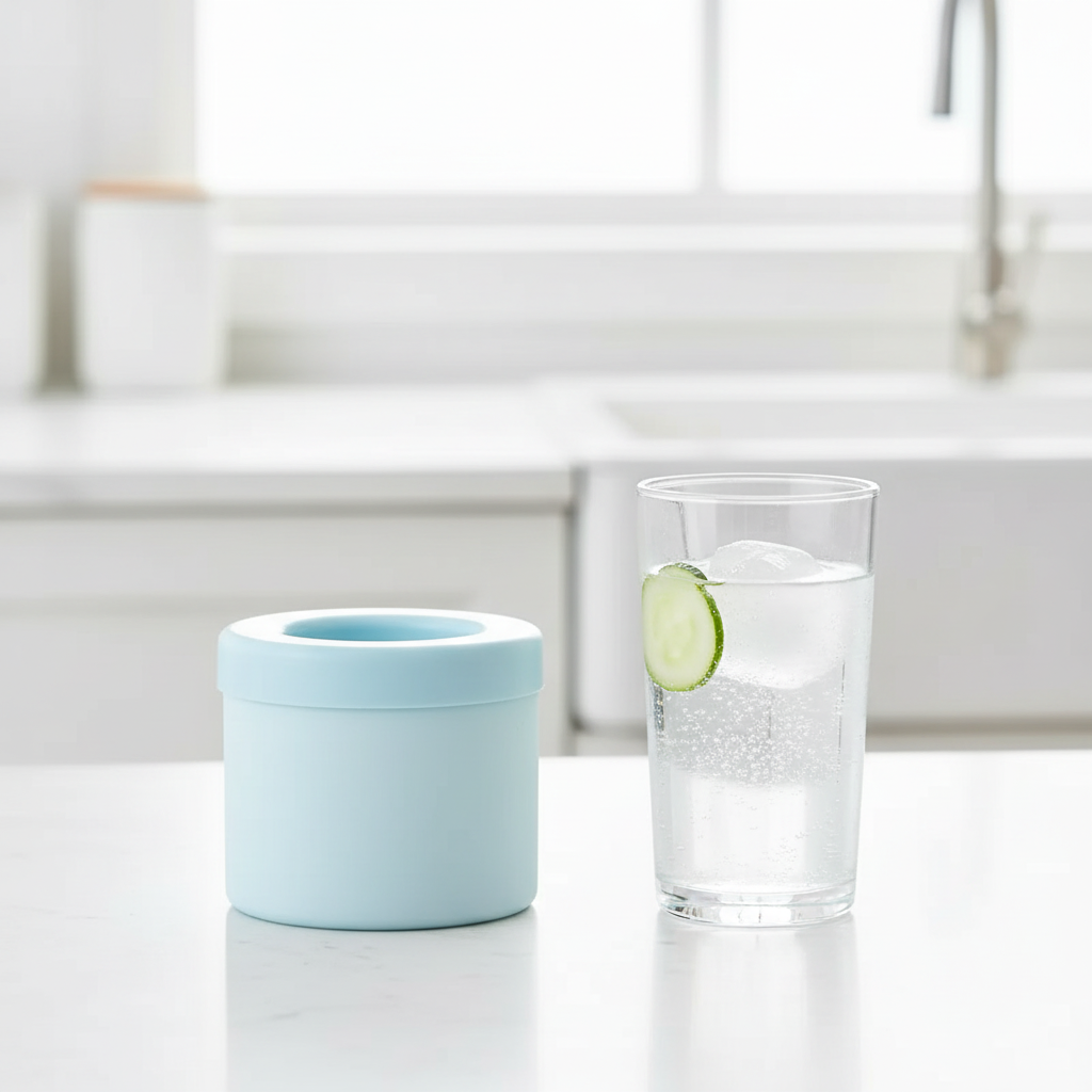 Sparkling water with clear ice cubes made using ARMPOWER IN MY HANDS FrostCylinder silicone ice mold, minimal and elegant.